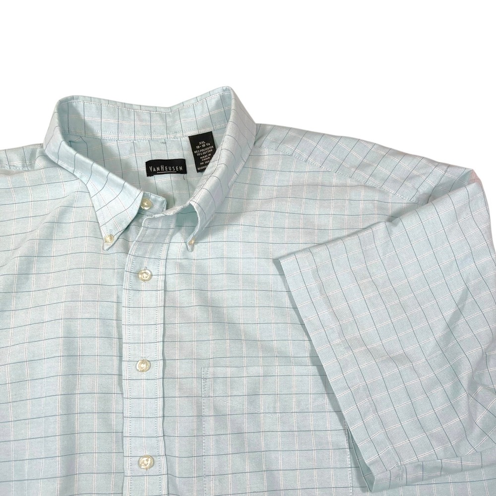 Van‎ Heusen XXL Light Blue Button Down Short Sleeve Grid Pattern Classic Dadcore